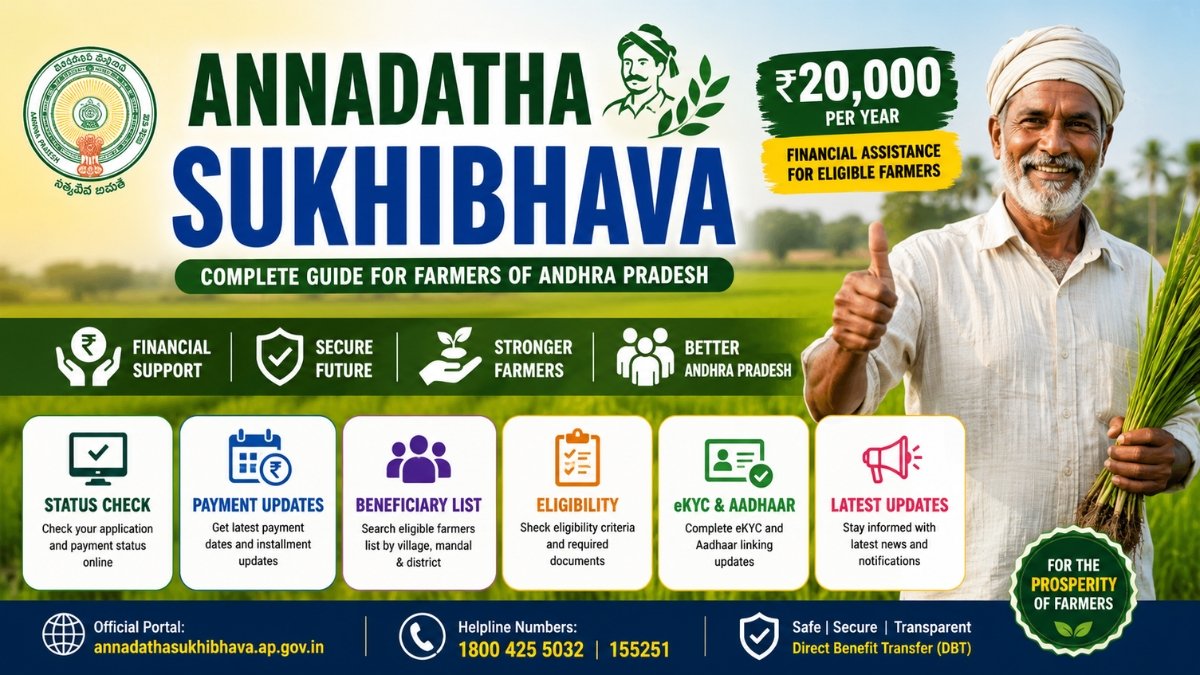 Annadata Sukhibhava Status Check 2026 homepage showing ₹20,000 farmer assistance, payment status check, beneficiary list, eKYC verification and latest Andhra Pradesh farmer scheme updates