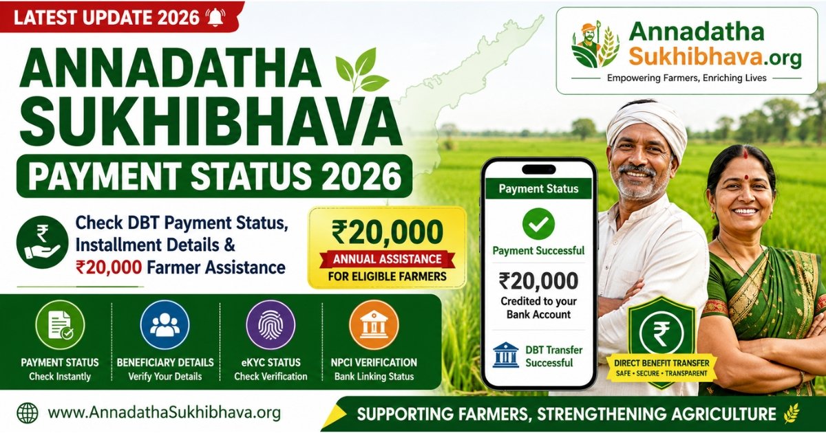 Annadatha Sukhibhava Payment Status 2026 showing DBT payment verification, installment details, beneficiary status, eKYC verification and ₹20,000 farmer assistance information.