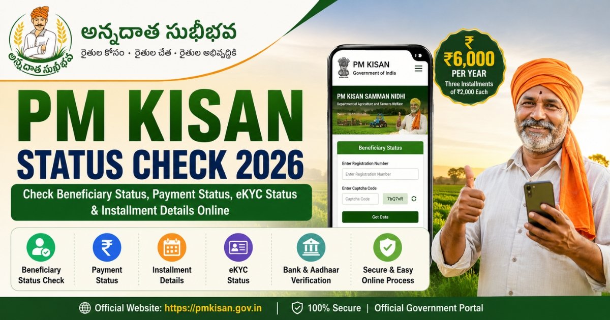 PM Kisan Status Check 2026 showing beneficiary status, payment verification, installment details, eKYC status and farmer assistance information.